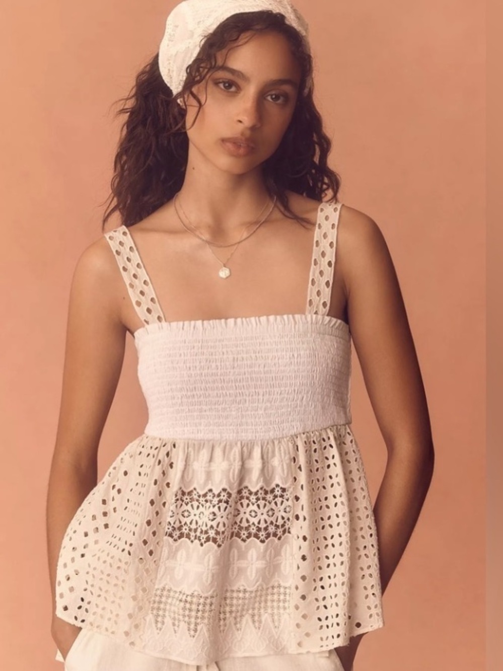 Anthropologie Ivory Smocked Peplum Tank XS Eyelet Lace Texture Details L👀K